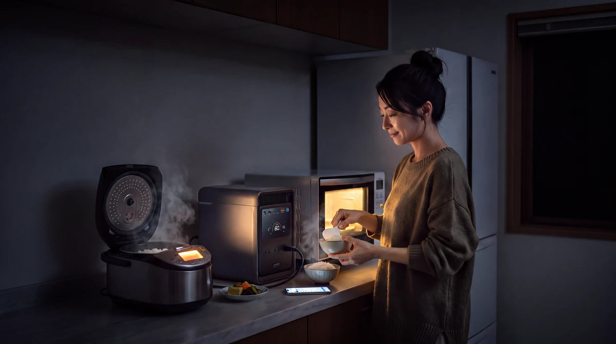 停電時に炊飯器と電気ケトルを同時に使用している様子