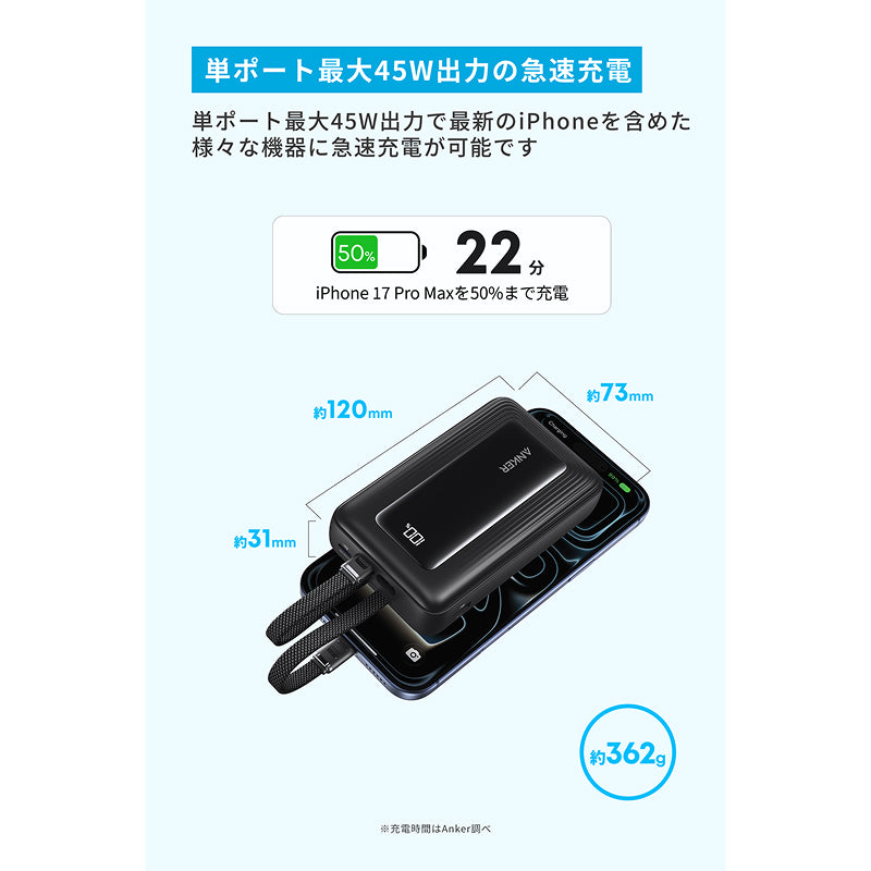 Anker Zolo Power Bank (20000mAh, 45W, Built-In Dual USB-Cケーブル