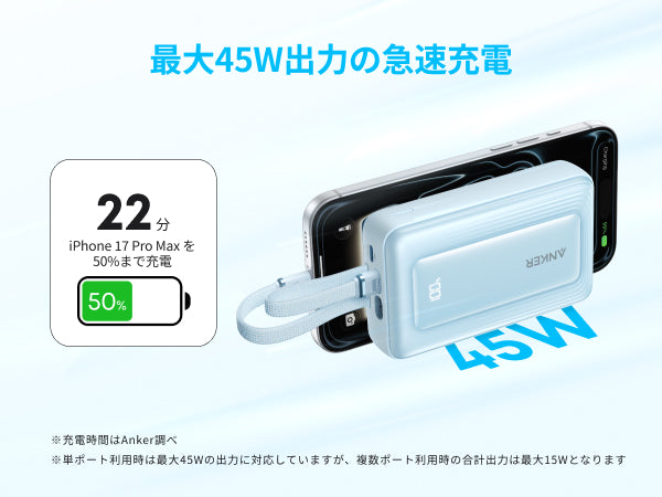 最大45W出力の急速充電