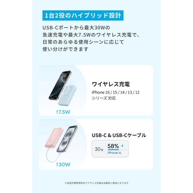 スマホアクセサリー Wireless Powerbank 10,000mAh Anker Zolo Power Bank (10000mAh, 30W, MagGo) | ケーブル一体型充電