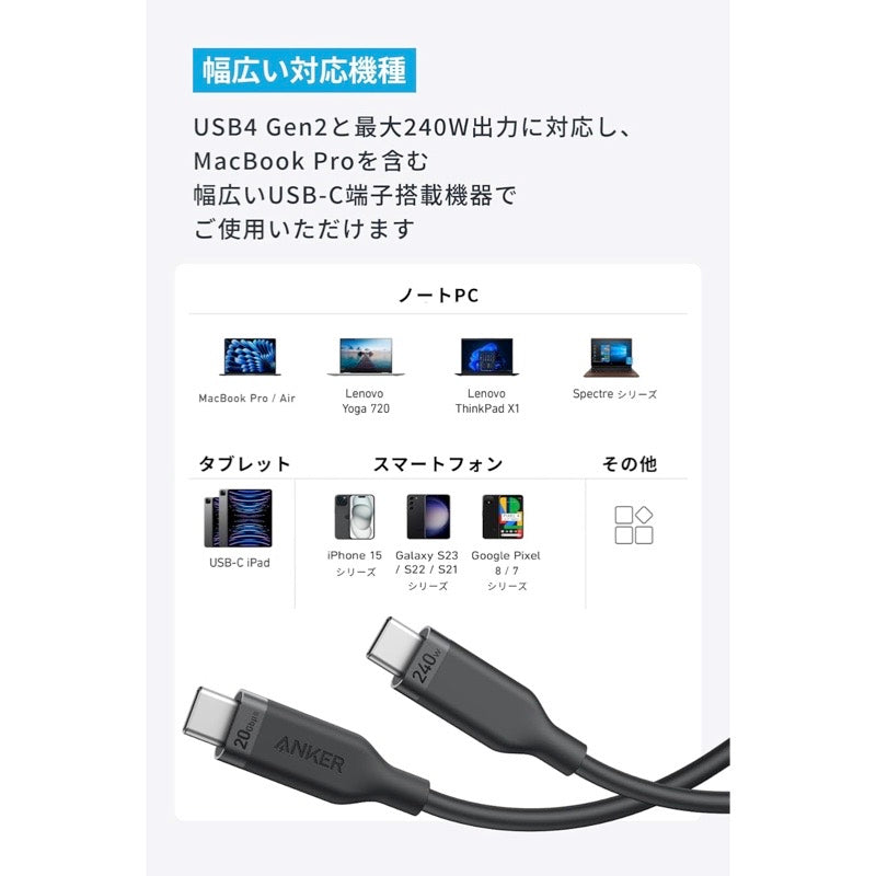 Anker USB-C ＆ USB-C ケーブル (240W, 20Gbps, エコフレンドリー) 0.9