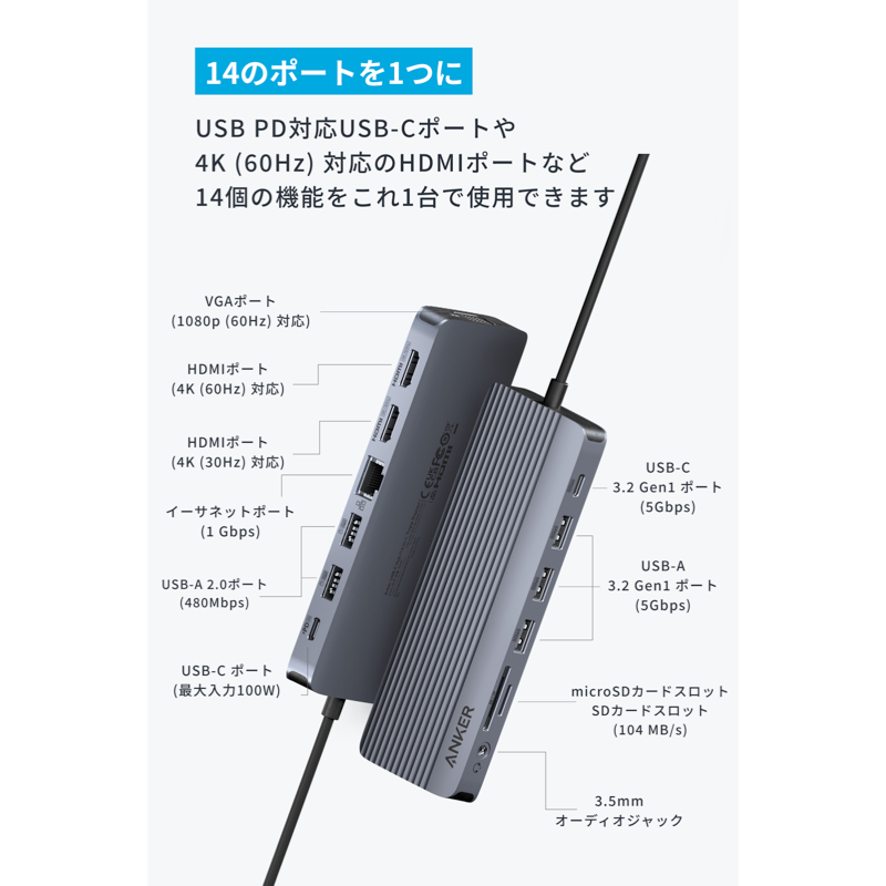 Anker USB-C ハブ (14-in-1, Triple display) | USBハブの製品情報 Anker USB-C ハブ (14-in-1, Triple display) | USBハブの製品情報