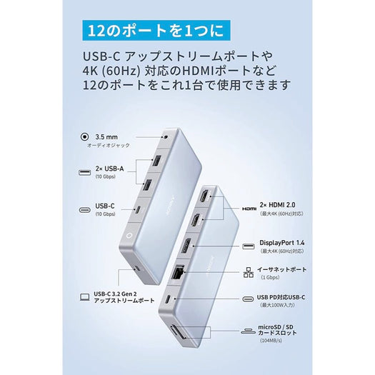 Anker 575 USB-C ハブ (12-in-1, Dual HDMI, DP)