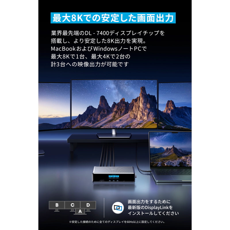 A83B3をノートPCと複数モニターへ接続したAnker Japan公式イメージ