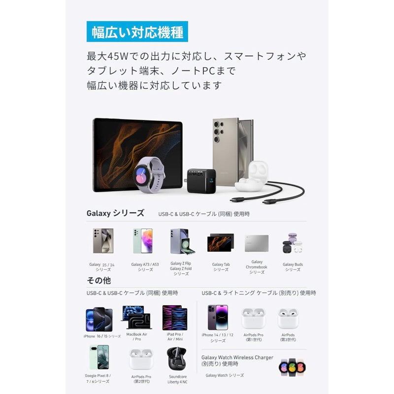 Anker Charger (45W) with USB-C & USB-Cケーブル| 充電器ケーブル
