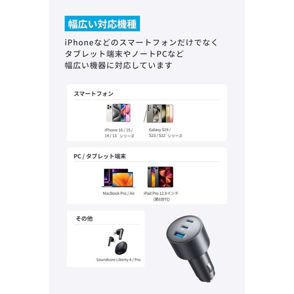 Anker Nano Car Charger (167.5W, 3 Ports) with USB-C & USB-C ケーブル