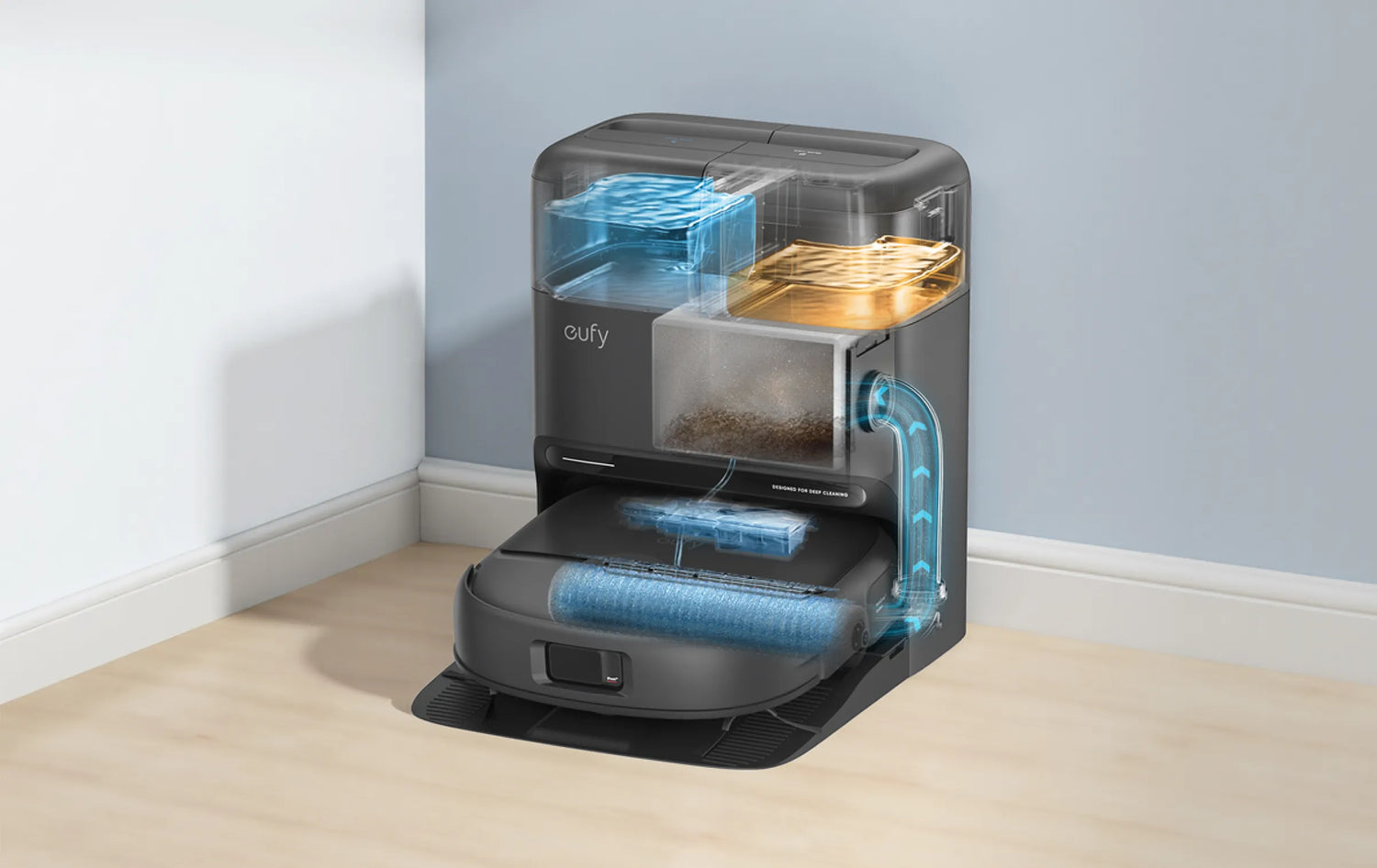 掃除はすべてお任せ。ゴミ捨てからモップ乾燥まで全自動。