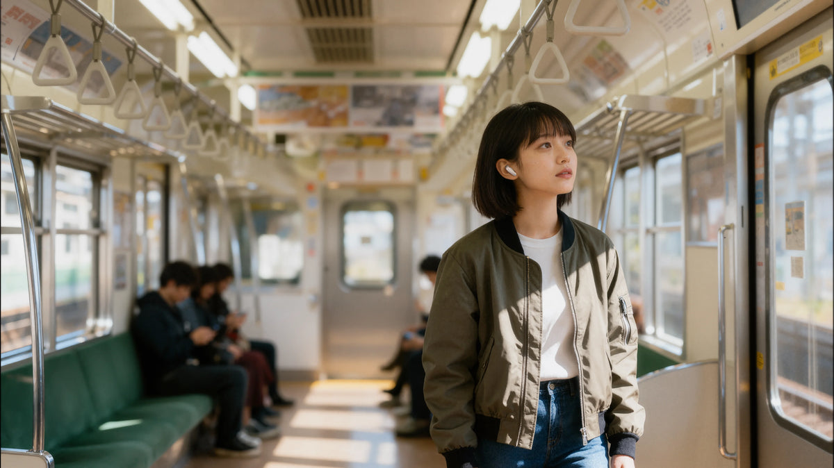 電車内でイヤホンを装着して立つ女性