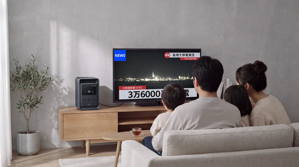 停電時にテレビで災害情報を確認する家族