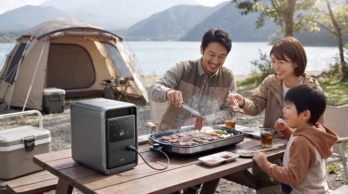 キャンプ場でホットプレートを使って調理する家族