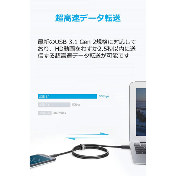 Anker PowerLine II USB-C & USB-A ケーブル (USB3.1 Gen2対応) 0.9m