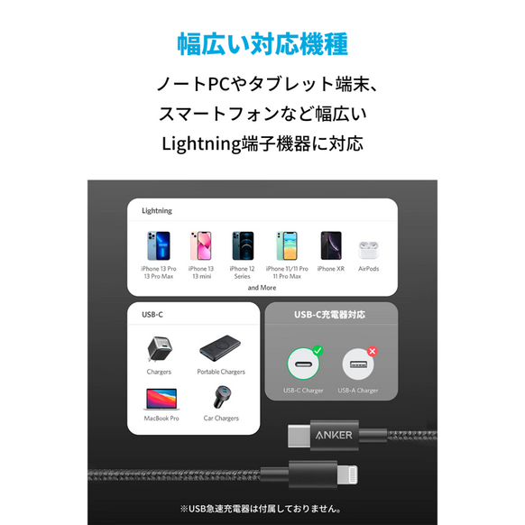 Anker 高耐久ナイロン USB-C & ライトニング ケーブル (0.3m)