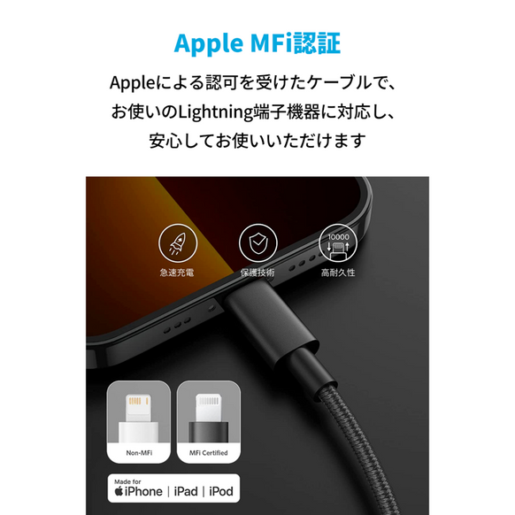 Anker 高耐久ナイロン USB-C & ライトニング ケーブル (0.3m)