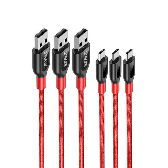 【3本セット】Anker PowerLine+ USB-C & USB-A 2.0 ケーブル(0.9m x 1、1.8m x 1 、3.0m x 1 レッド)